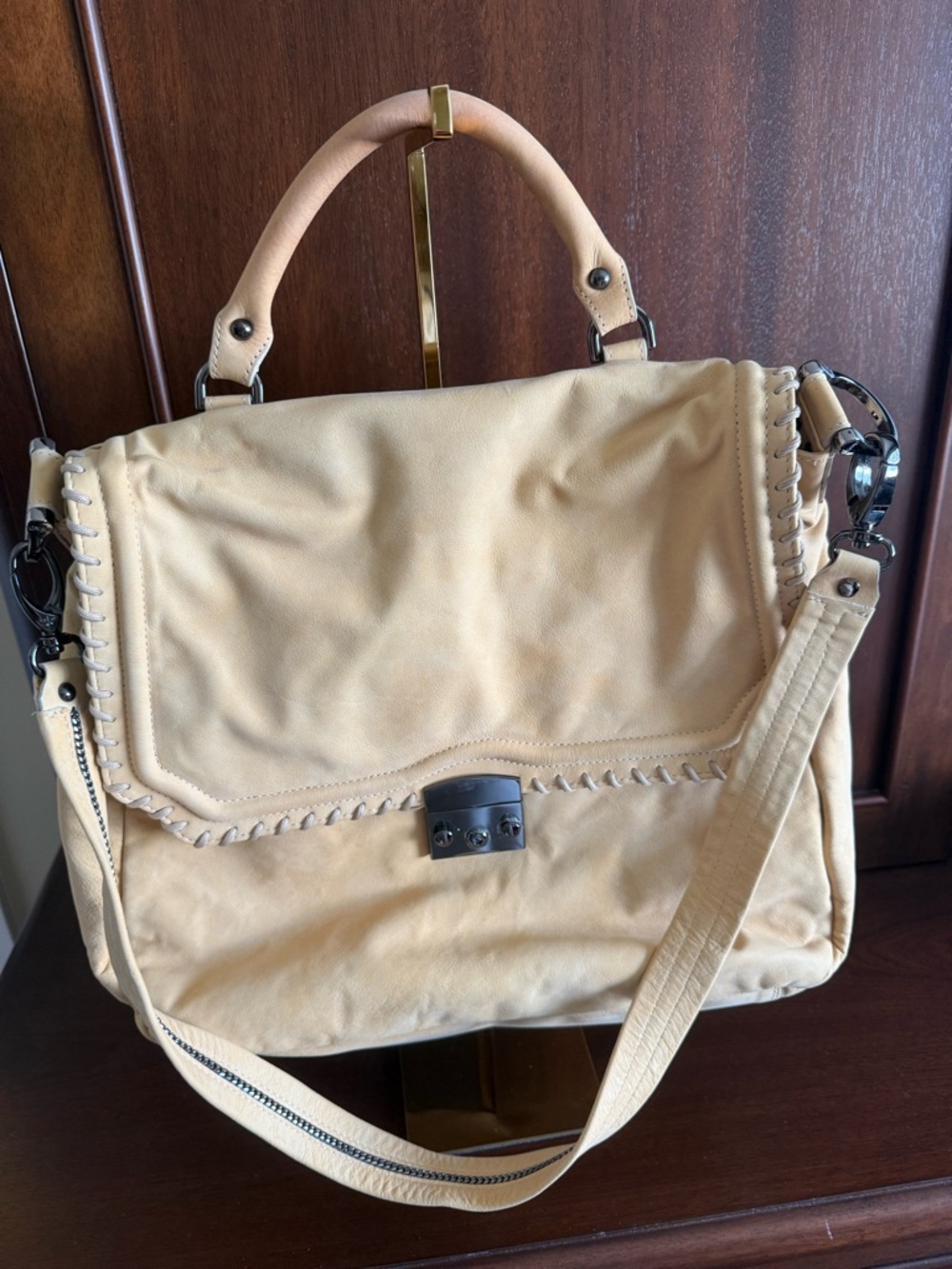 BE&D Beige Women's Suede Satchel with Top Handle and Detachable Strap